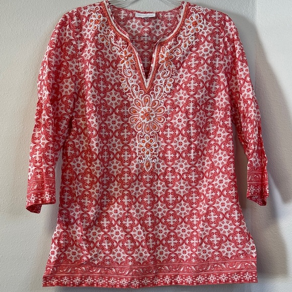 Charter Club Coral Boho Beaded Pattern Cotton Tunic Women's Size M - Picture 2 of 5